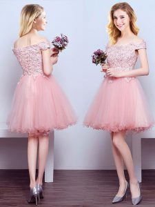 Off the Shoulder Tulle Sleeveless Mini Length Bridesmaids Dress and Beading and Lace