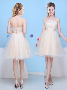 Champagne Tulle Lace Up Strapless Sleeveless Knee Length Bridesmaids Dress Bowknot