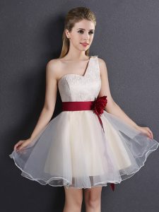 Fantastic One Shoulder Mini Length Lace Up Bridesmaid Dress Champagne for Prom and Party and Wedding Party with Lace and