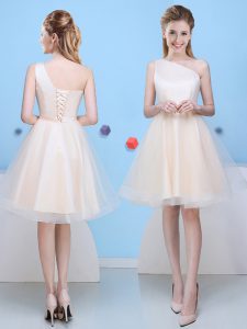 Popular One Shoulder Sleeveless Lace Up Knee Length Bowknot Bridesmaid Gown