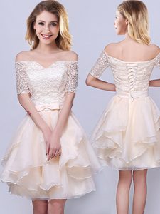 Organza Off The Shoulder Short Sleeves Lace Up Lace and Ruffles and Belt Wedding Party Dress in Champagne
