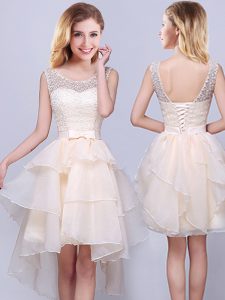 Gorgeous Scoop Champagne A-line Lace and Ruffles Bridesmaid Dress Lace Up Organza Sleeveless High Low