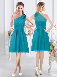 Teal Empire One Shoulder Sleeveless Chiffon Knee Length Side Zipper Ruffles and Ruching Bridesmaid Gown