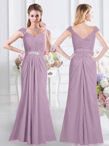 Luxury Cap Sleeves Chiffon Floor Length Zipper Bridesmaid Gown in Lavender with Beading and Ruching
