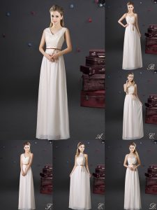 Chiffon Sleeveless Floor Length Bridesmaids Dress and Lace and Appliques and Belt
