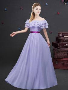 Lavender Chiffon Zipper Off The Shoulder Short Sleeves Floor Length Bridesmaid Dress Ruffled Layers and Belt
