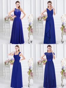 Spectacular Royal Blue Sleeveless Floor Length Lace and Ruffles and Ruching Zipper Bridesmaid Gown