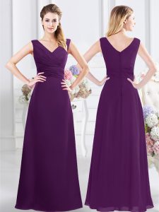 V-neck Sleeveless Zipper Bridesmaid Dress Purple Chiffon