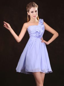 Super One Shoulder Lavender Empire Ruffles and Ruching Bridesmaid Gown Zipper Chiffon Sleeveless Mini Length
