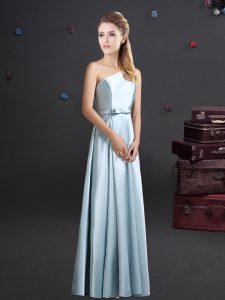 Comfortable One Shoulder Sleeveless Elastic Woven Satin Zipper Bridesmaid Dresses in Light Blue with Bowknot