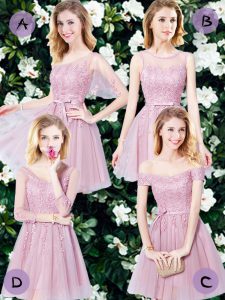 Extravagant Appliques and Belt Wedding Guest Dresses Pink Lace Up Sleeveless Mini Length