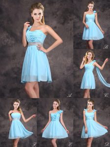 Baby Blue Zipper Ruffles and Sequins and Ruching and Bowknot and Hand Made Flower Bridesmaids Dress Chiffon Sleeveless