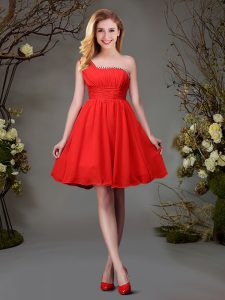 Decent One Shoulder Mini Length Red Bridesmaid Gown Chiffon Sleeveless Beading and Ruching