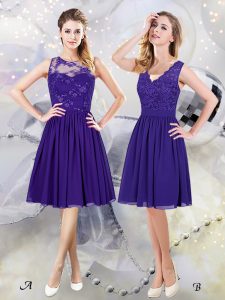 Trendy Scoop See Through Purple Chiffon Zipper Bridesmaid Dresses Sleeveless Knee Length Lace and Appliques