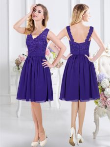 Knee Length Zipper Bridesmaid Dress Purple for Prom and Party with Lace