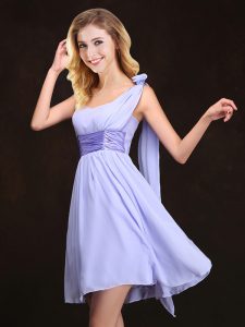 Most Popular One Shoulder Sleeveless Ruching and Hand Made Flower Zipper Bridesmaid Dresses