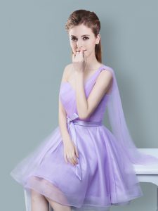 Attractive One Shoulder Lavender Zipper Bridesmaid Dresses Ruching and Bowknot Sleeveless Knee Length