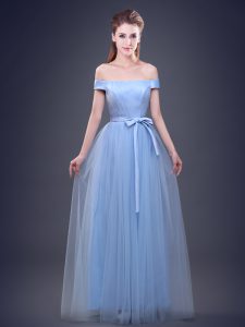Adorable Floor Length Light Blue Bridesmaid Dresses Off The Shoulder Sleeveless Lace Up