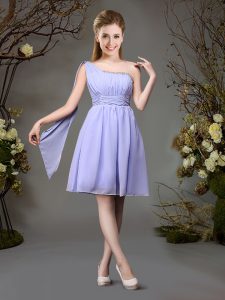 Enchanting One Shoulder Lavender Zipper Bridesmaid Gown Beading and Ruching Sleeveless Mini Length