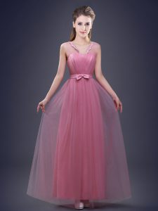 Stunning Pink V-neck Neckline Appliques and Ruching and Bowknot Bridesmaid Dress Sleeveless Lace Up