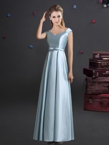 Noble Light Blue Empire Elastic Woven Satin Off The Shoulder Cap Sleeves Bowknot Floor Length Zipper Wedding Guest Dress