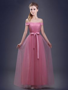 Flirting Off The Shoulder Sleeveless Bridesmaid Gown Floor Length Ruching and Bowknot Pink Tulle