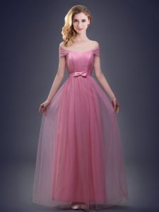 Simple Off the Shoulder Pink Sleeveless Ruching and Bowknot Floor Length Bridesmaid Dress