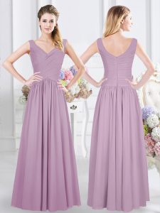 Floor Length Lavender Wedding Party Dress Chiffon Sleeveless Ruching