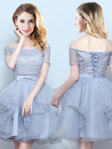 Customized Off The Shoulder Short Sleeves Wedding Party Dress Mini Length Lace and Ruffles and Belt Grey Organza