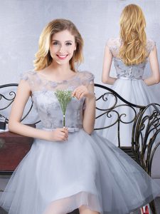 Charming Scoop Knee Length Grey Bridesmaid Gown Tulle Cap Sleeves Lace and Appliques and Belt