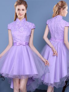 Customized Lavender Zipper High-neck Lace and Bowknot and Belt Wedding Party Dress Tulle Short Sleeves