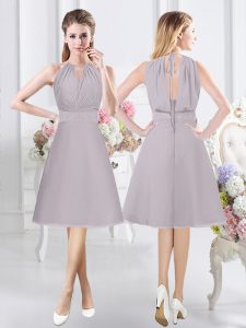 Low Price Halter Top Sleeveless Knee Length Lace and Ruching Zipper Bridesmaids Dress with Grey