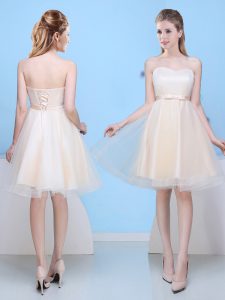 Elegant Sweetheart Sleeveless Bridesmaid Gown Knee Length Bowknot Champagne Tulle