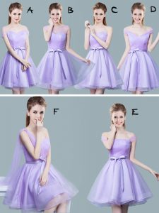 Ideal Lavender Zipper Straps Ruching and Bowknot Bridesmaid Gown Tulle Cap Sleeves
