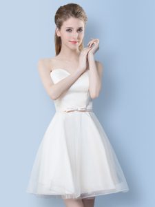 White A-line Bowknot Bridesmaid Dress Lace Up Tulle Sleeveless Knee Length