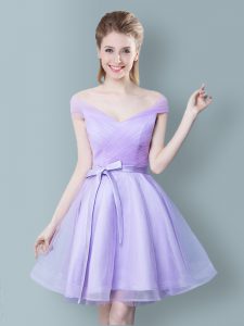 Smart Lavender Empire Ruching and Bowknot Bridesmaid Gown Zipper Tulle Cap Sleeves Knee Length