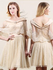 Noble Empire Bridesmaid Dress Champagne Off The Shoulder Tulle and Lace Sleeveless Mini Length Zipper