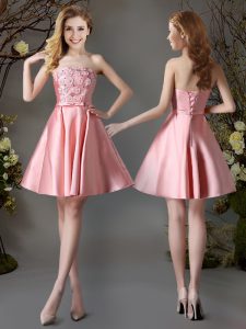 Unique Sleeveless Mini Length Appliques and Bowknot Lace Up Bridesmaid Dress with Pink