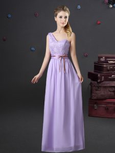 One Shoulder Sleeveless Lace Up Wedding Party Dress Lavender Chiffon