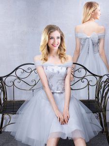 Excellent Off the Shoulder Short Sleeves Grey Sleeveless Knee Length Lace and Appliques and Belt Lace Up Wedding Party D
