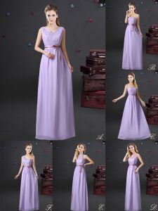 Luxury Lace and Appliques and Belt Bridesmaids Dress Lavender Lace Up Sleeveless Floor Length