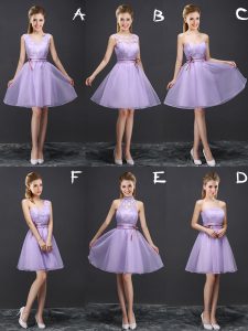 A-line Bridesmaid Dress Lavender V-neck Organza Sleeveless Mini Length Lace Up