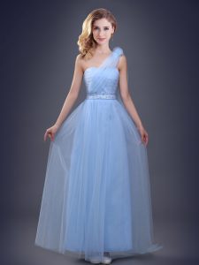 Luxury Floor Length Light Blue Wedding Party Dress One Shoulder Sleeveless Lace Up