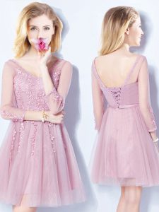 Pink Lace Up Wedding Guest Dresses Appliques and Belt Sleeveless Mini Length