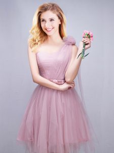 Pink Lace Up One Shoulder Ruching and Bowknot and Hand Made Flower Wedding Party Dress Tulle Sleeveless