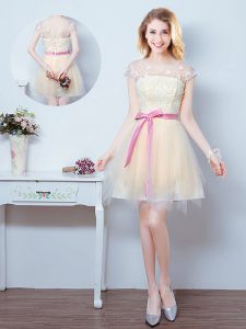 Sophisticated Scoop Mini Length A-line Short Sleeves Champagne Bridesmaid Dress Lace Up
