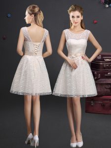 Champagne Scoop Lace Up Lace and Appliques Wedding Guest Dresses Sleeveless