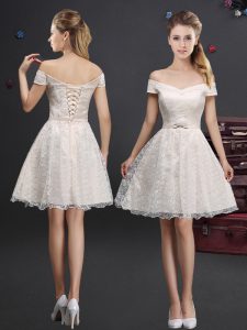 Best Selling Champagne Lace Lace Up Off The Shoulder Sleeveless Knee Length Wedding Party Dress Lace and Appliques