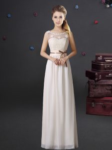 Scoop See Through Chiffon Sleeveless Floor Length Bridesmaid Dress and Lace and Appliques and Belt