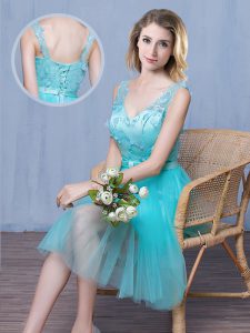 Low Price Lace and Appliques and Bowknot Bridesmaids Dress Aqua Blue Lace Up Sleeveless Knee Length